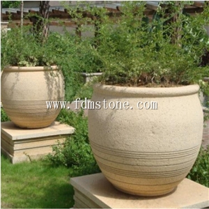 Yellow Stone Planter Flower Pots Garden Vases,Flower Carved Granite Stone Planter Pot