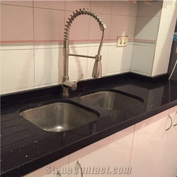 Black Galaxy Quartz Stone Kitchen Countertops