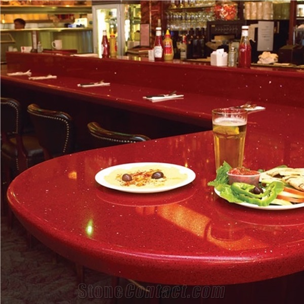 China Man-Made Popular Polished Crystal Red , Star Red Quartz Slabs & Tiles for Usa Market ,Countertops ,Vanity Tops , Bar Tops Using