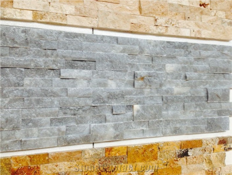 Dark Silver, Dark Blue, Dark Grey Travertine Split Face Mosaic, Titanium Travertine Wall Mosaic