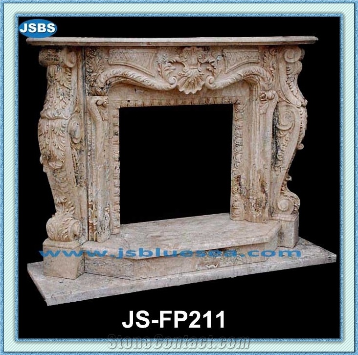 Carved Fireplace, China Yellow Travertine Fireplace