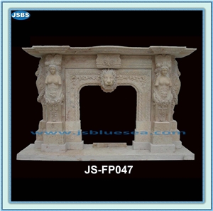 Hand Carved, Imperial Yellow Travertine Fireplace