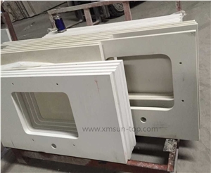 Artificial White Quartz Bathroom Countertops with Square Sinks Cut/Ice White Quartz Custom Vanity Tops/Manmade Stone Bathroom Vanity Tops/Quartz Stone Vanity Tops/Engineered Stone Bathroom