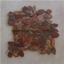 Dark Red Sliced Pebble Mosaic Tile/Natural River Stone Mosaic for Wall Covering&Flooring/Pebble Mosaic in Mesh/Double Surface Cut Pebble Mosaic/Pebble Mosaic for Bathroom&Kitchen/Interior Decoration