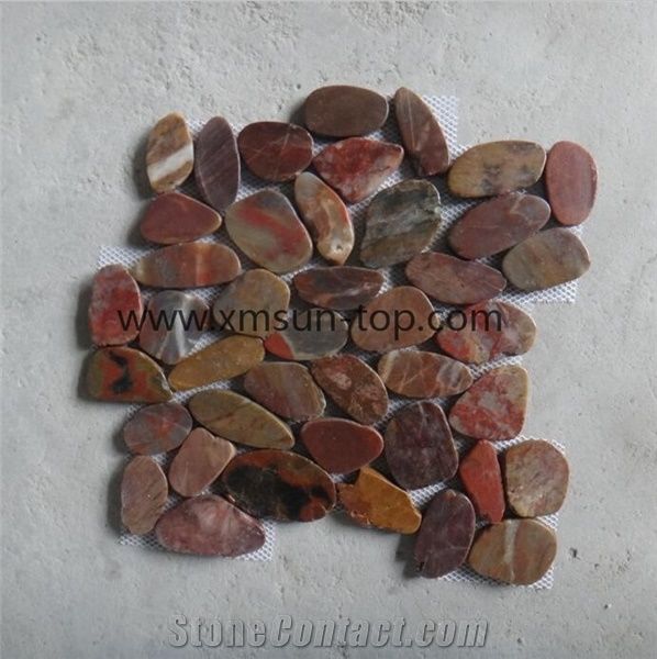 Dark Red Sliced Pebble Mosaic Tile/Natural River Stone Mosaic for Wall Covering&Flooring/Pebble Mosaic in Mesh/Double Surface Cut Pebble Mosaic/Pebble Mosaic for Bathroom&Kitchen/Interior Decoration