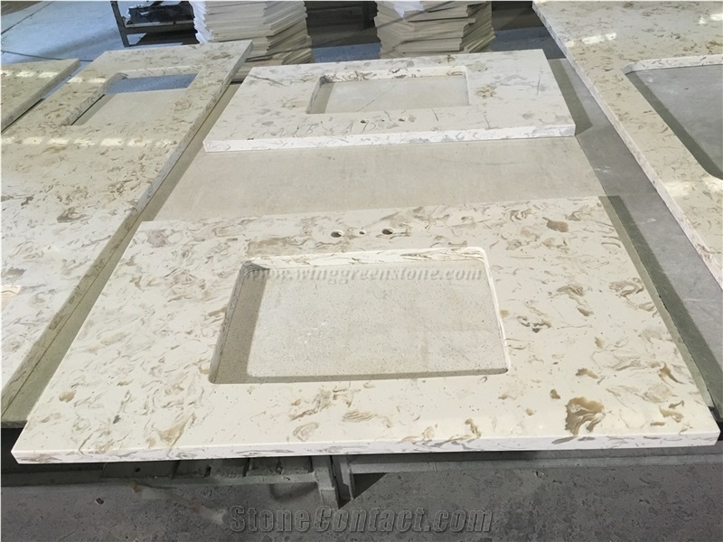 Beige Elegant Flower Pattern Vanity Top, Bathroom Vanity Top, Artificial Quartz Stone Vanity Top, Engineered Stone. Winggreen Stone