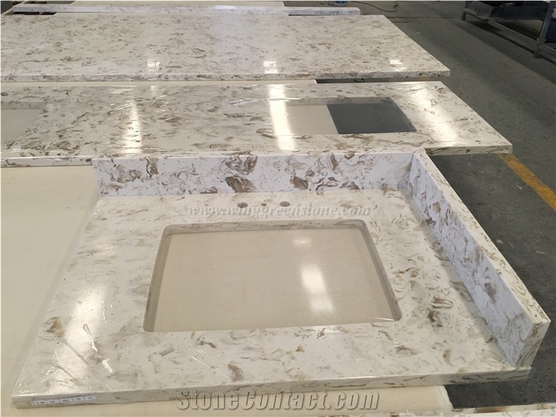 Beige Elegant Flower Pattern Vanity Top, Bathroom Vanity Top, Artificial Quartz Stone Vanity Top, Engineered Stone. Winggreen Stone