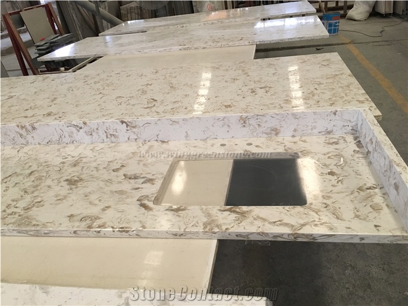 Beige Elegant Flower Pattern Vanity Top, Bathroom Vanity Top, Artificial Quartz Stone Vanity Top, Engineered Stone. Winggreen Stone