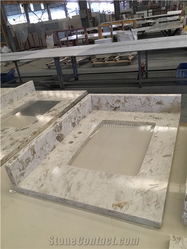 Beige Elegant Flower Pattern Vanity Top, Bathroom Vanity Top, Artificial Quartz Stone Vanity Top, Engineered Stone. Winggreen Stone