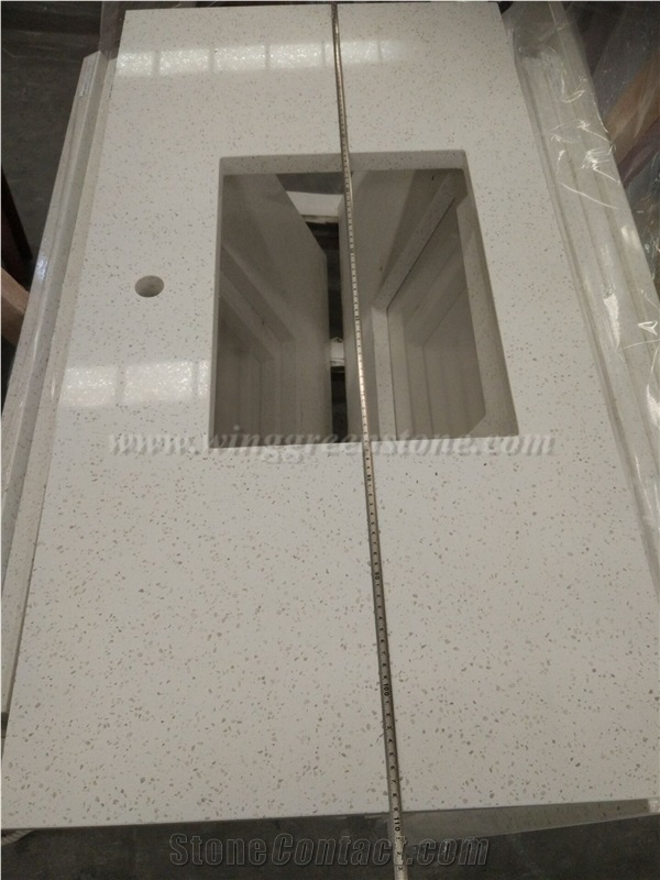 Chinese White Customised Quartz Kitchen Top, Polished Quartz Countertop, White Quartz Kitchen Countertop, Xiamen Winggreen Manufacture