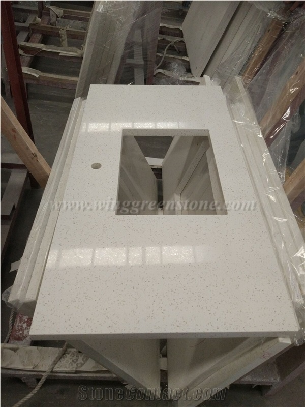 Chinese White Customised Quartz Kitchen Top, Polished Quartz Countertop, White Quartz Kitchen Countertop, Xiamen Winggreen Manufacture