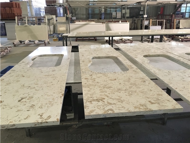 Flower Pattern Beige Color Quartz Countertop, Elegant Flower Pattern for Kitchen Countertop, Beige Quartz Countertop, Winggreen Stone