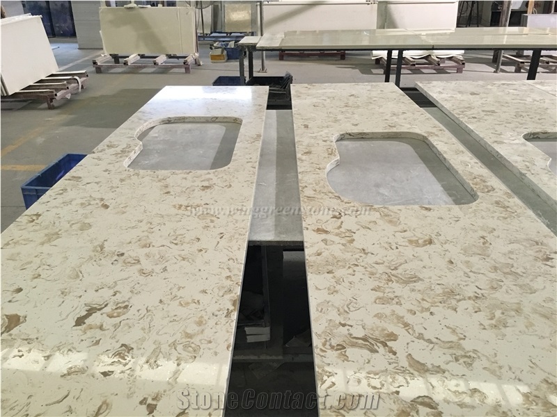 Flower Pattern Beige Color Quartz Countertop, Elegant Flower Pattern for Kitchen Countertop, Beige Quartz Countertop, Winggreen Stone