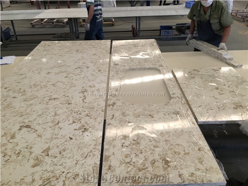Flower Pattern Beige Color Quartz Countertop, Elegant Flower Pattern for Kitchen Countertop, Beige Quartz Countertop, Winggreen Stone