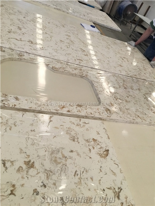 Flower Pattern Beige Color Quartz Countertop, Elegant Flower Pattern for Kitchen Countertop, Beige Quartz Countertop, Winggreen Stone