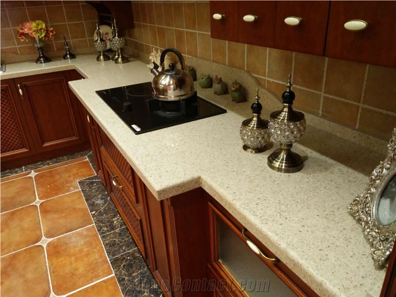 Beige Quarz Stone Kitchen Countertops Engineer Stone F2213