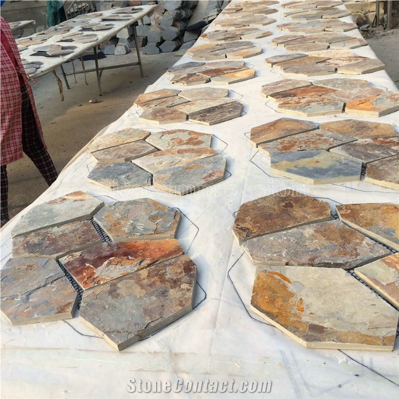 On Sale Multicolor Crazy Slate Tile/Cheap Slate Flagging Tile/Flagstone Walkway Pavers/China Rustic Slate Random Flagstone Pavers/Floor Paving/Walkway Pavers/Best Price Slate & High Quality Slate
