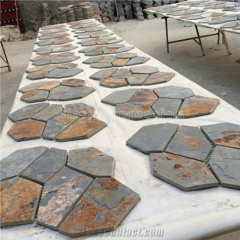 On Sale Multicolor Crazy Slate Tile/Cheap Slate Flagging Tile/Flagstone Walkway Pavers/China Rustic Slate Random Flagstone Pavers/Floor Paving/Walkway Pavers/Best Price Slate & High Quality Slate