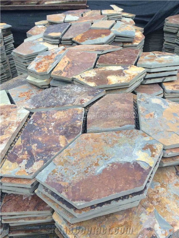 On Sale Multicolor Crazy Slate Tile/Cheap Slate Flagging Tile/Flagstone Walkway Pavers/China Rustic Slate Random Flagstone Pavers/Floor Paving/Walkway Pavers/Best Price Slate & High Quality Slate