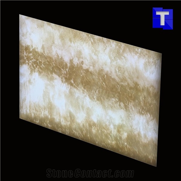 Slight Brown with White Faux Alabaster Resin Sheet Artificial Onyx Marble Cross Vein Cut Slabs for Led Coffee Table Designs