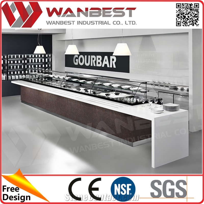 Custom Design White Solid Surface Buffet Sushi Cake Bar Counter with Clear Display Case