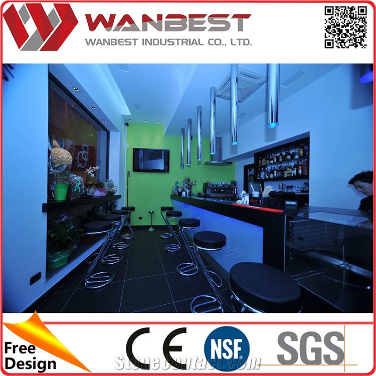 Led Solid Surface Restaurant Bar Counter Design Juice Bar Counter with Bar Chairs for Sale