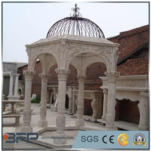 Beige Marble Gazebo with Cast Iron Roof for Garden, Yellow Cream Beige Marble Gazebo
