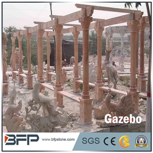 Beige Marble Gazebo with Cast Iron Roof for Garden, Yellow Cream Beige Marble Gazebo
