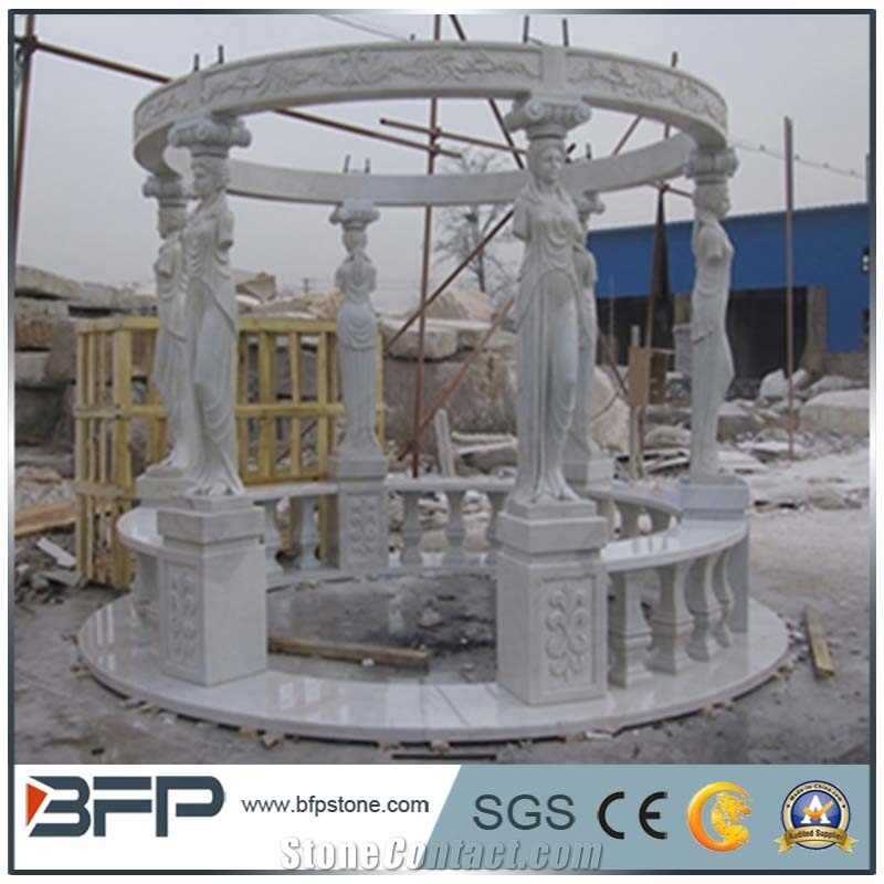 Beige Marble Gazebo with Cast Iron Roof for Garden, Yellow Cream Beige Marble Gazebo
