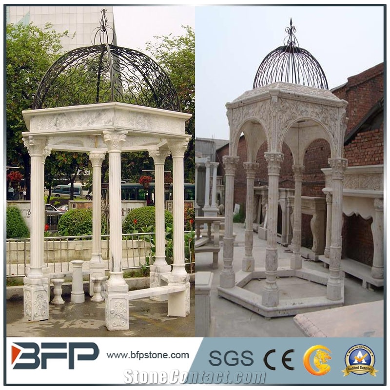 Beige Marble Gazebo with Cast Iron Roof for Garden, Yellow Cream Beige Marble Gazebo