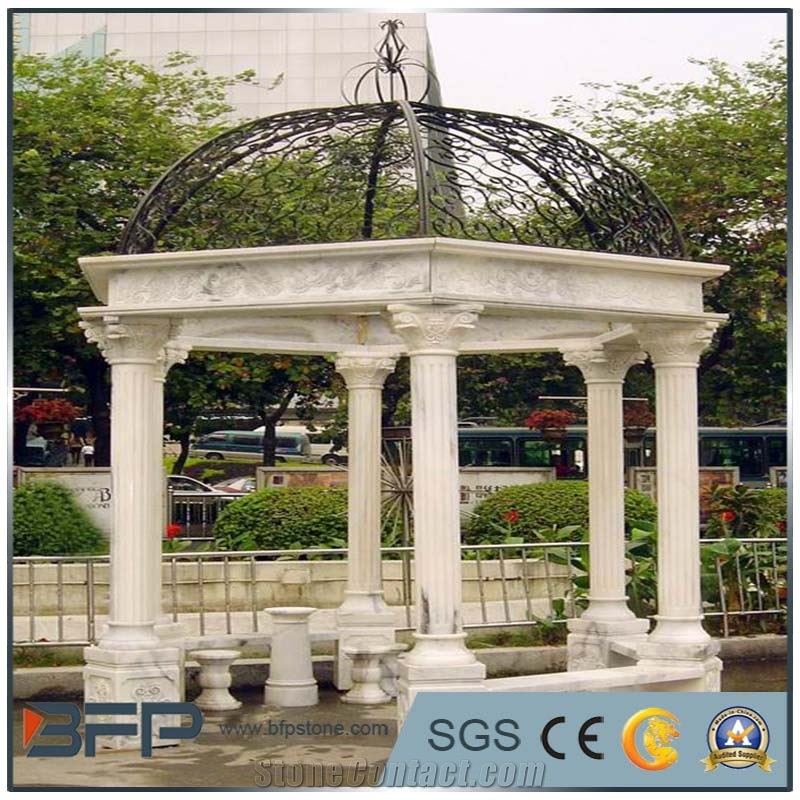 Beige Marble Gazebo with Cast Iron Roof for Garden, Yellow Cream Beige Marble Gazebo