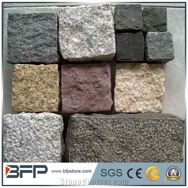 China Rustic Yellow Granite G682 Cobbles, Desert Gold G3582 Granite Paving Stone,China Gold Leaf Granite Cube Stone, Yellow Rock Padang Yellow Granite Cobbles Split Tumbled Surface
