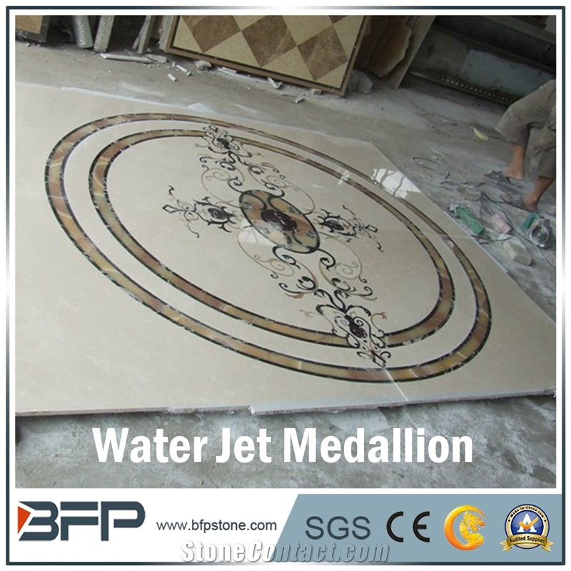 Floor Decoration Design, Coffee and Beige Marble Medallion, Marble Water Jet Pattern or Water Jet Medallion, Round Medallion, Rosettes Medallion, Floor Medallion for High-End Hotel and Lobby