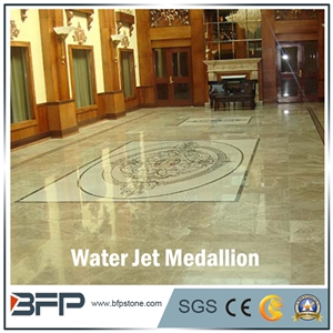 Floor Decoration Design, Marble Medallion, Marble Water Jet Medallion or Water Jet Pattern, Floor Medallion, Rosettes Medallion, Round Medallion, in Hotel Hall or Lobby