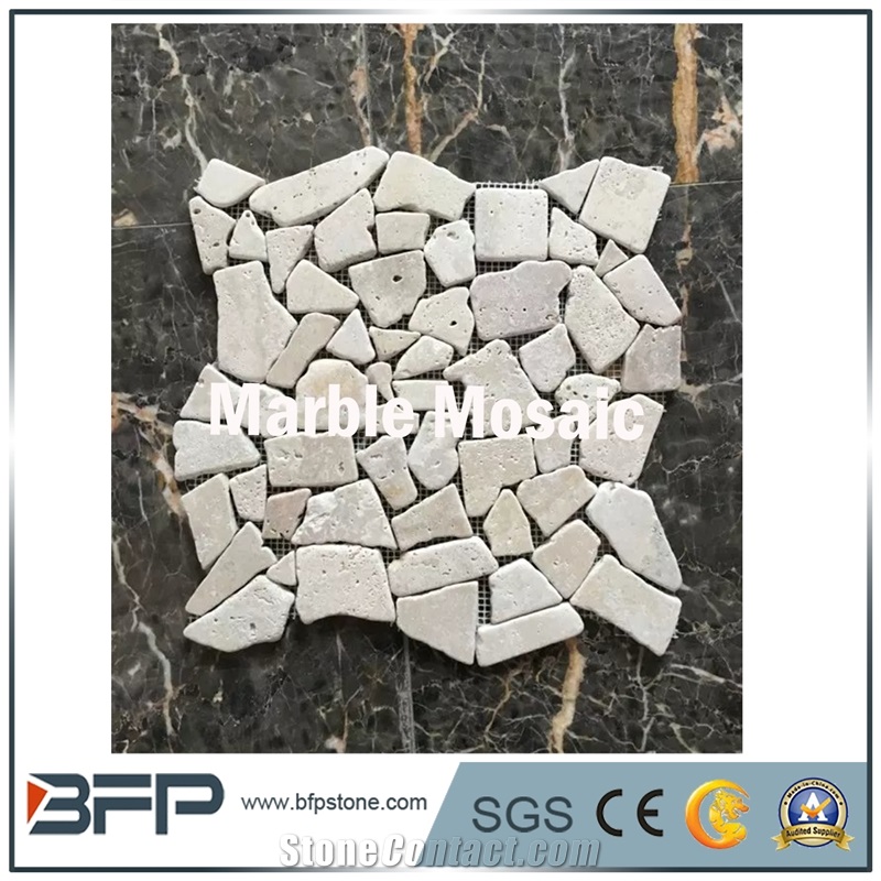 Tavertine Mosaic, White and Beige Travertine Pattern, Polished Mosaic Tile, Mosaic Pattern