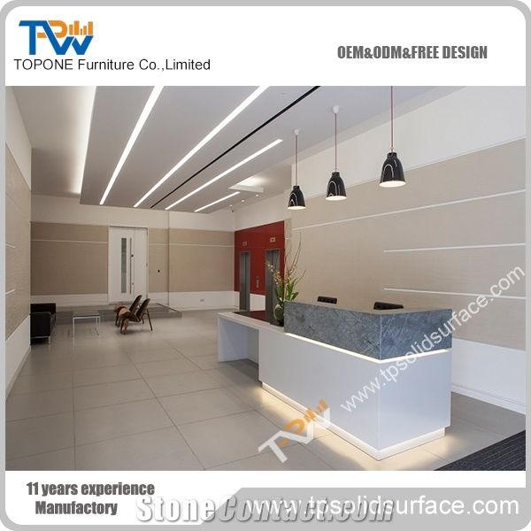 Chinese Factory Corian Acrylic Solid Surface Interior Furniture with Artificial Marble Stone Reception Desk Tops for Office Furniture, Straight Manmade Stone Recpeiton Counter Tops with Facotry Price