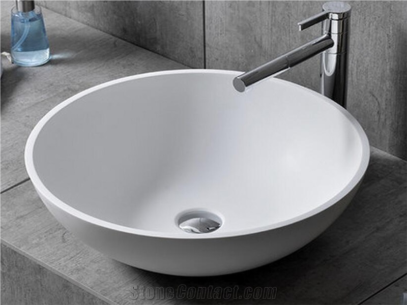 Corian Acrylic Solid Surface Kitchen Sinks, Chinese Factory Supply Artificial Marble Stone White Color Round Sink for Sale