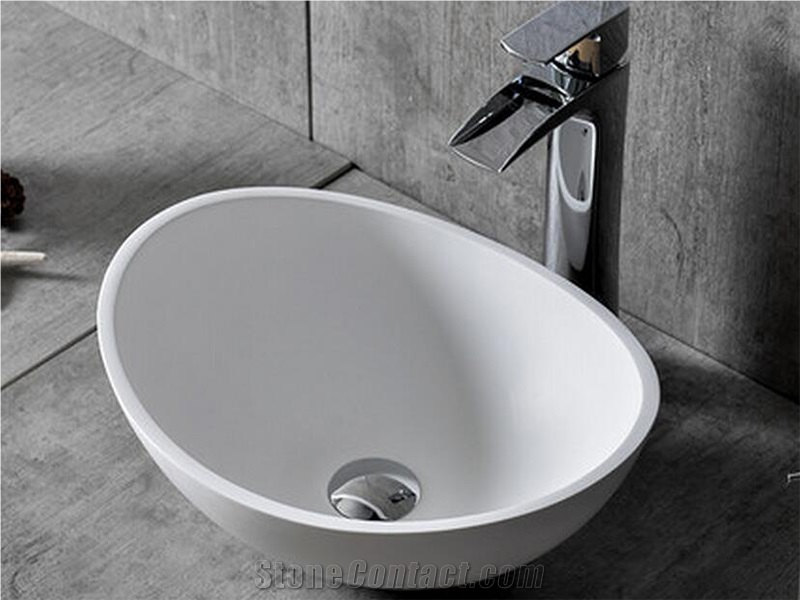 Corian Acrylic Solid Surface Kitchen Sinks, Chinese Factory Supply Artificial Marble Stone White Color Round Sink for Sale