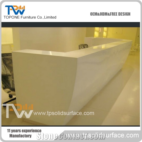 Professional Factory Supply Artificial Marble Stone Interior Office Furniture, Corian Acrylic Solid Surface L Shape Office Front Desk Tops Office Furniture with Led Light Logo on the Table Surface