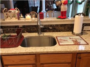 Quartz Chakra Beige Counter Top with Soho Studio Corps Stone Brushed Dark Emperador and a Custom Listello