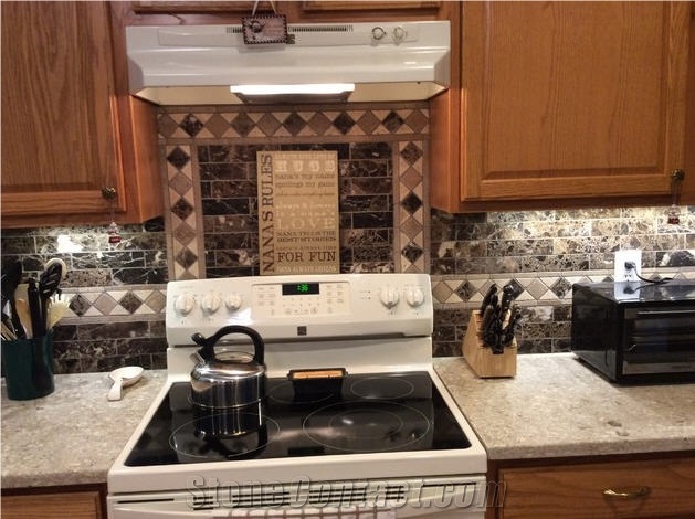 Quartz Chakra Beige Counter Top with Soho Studio Corps Stone Brushed Dark Emperador and a Custom Listello