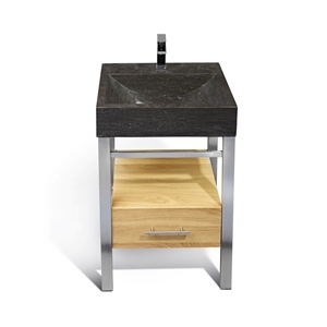 Grey Limestone Vnm-007 + Lpg-006 - 24" Stone and Oak Bathroom Vanity Unit