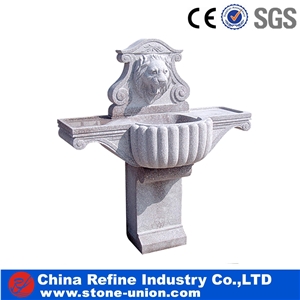 Carved White Granite Lion Sculptured Fountain,Fountains, White Granite Exterior Garden Fountains and Water Features