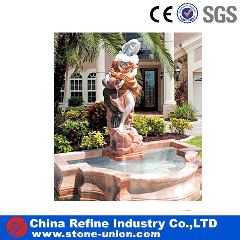 Sunset Red Marble Water Fountain With Female Statue