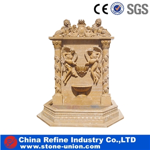 Yellow Travertine Handcarved Exterior Fountains for Wall Decoration
