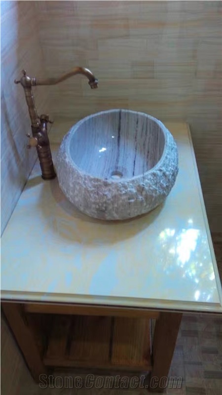 Beige Marble Round Sink Solid Surface Sink for Bathroom