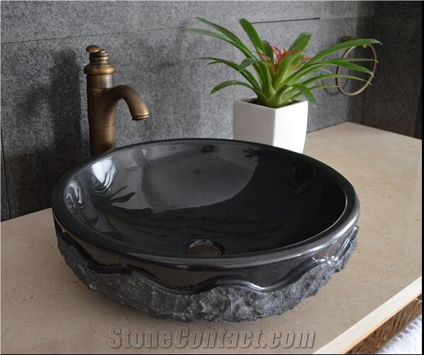 Black Granite Solid Surface Basin Shanxi Black Round Basin For Bathroom