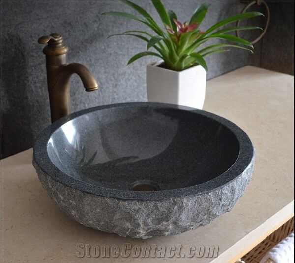 Black Granite Solid Surface Basin Shanxi Black Round Basin For Bathroom