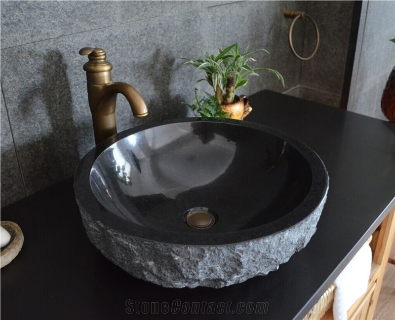 Black Granite Solid Surface Basin Shanxi Black Round Basin For Bathroom