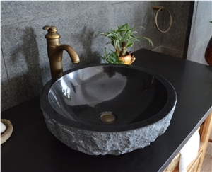Black Granite Solid Surface Basin Shanxi Black Round Basin For Bathroom